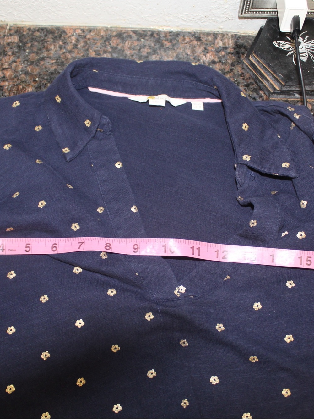Boden Navy Gold Floral Collared V-Neck Top Size 8